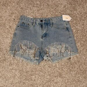 A Girl Thing Blue Jean Shorts with Fringe and Rhinestones